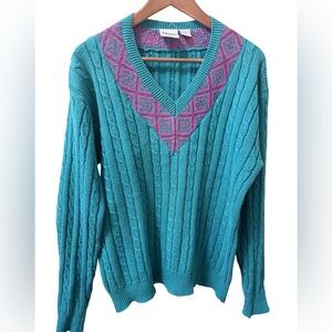 Vintage 90s Teal Cable-Knit V-Neck Sweater with Pink Geometric Trim